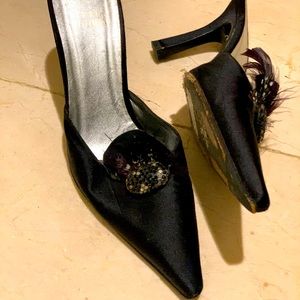 Stuart Weitzman Black Mule Feathers & Rhinestones